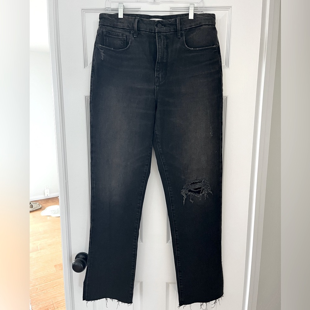 Good American Good Boy High Waist Black Side Slit Raw Hem Jeans